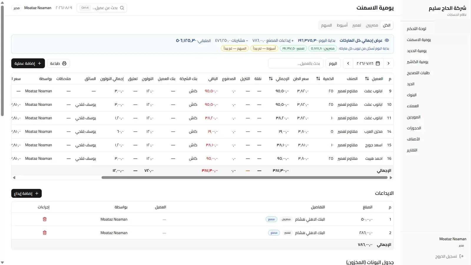 Daily cement sales sheet in Arabic