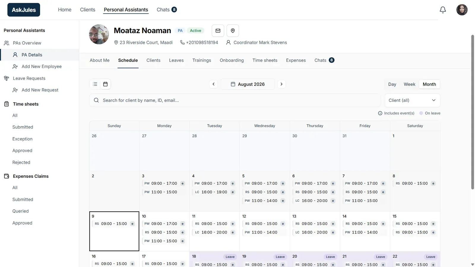 Personal assistant schedule with leave overlaid
