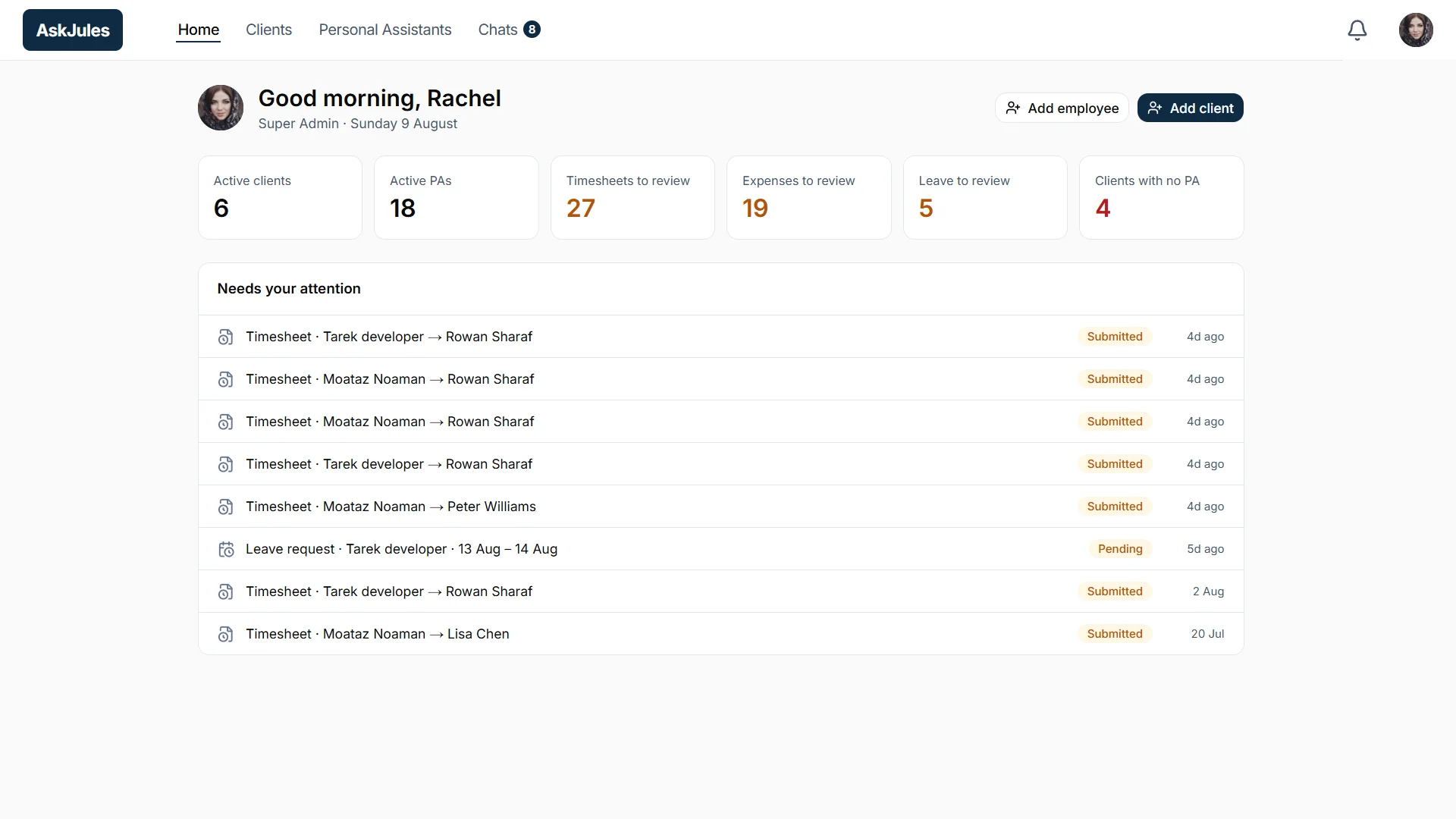 Coordinator dashboard with items needing attention