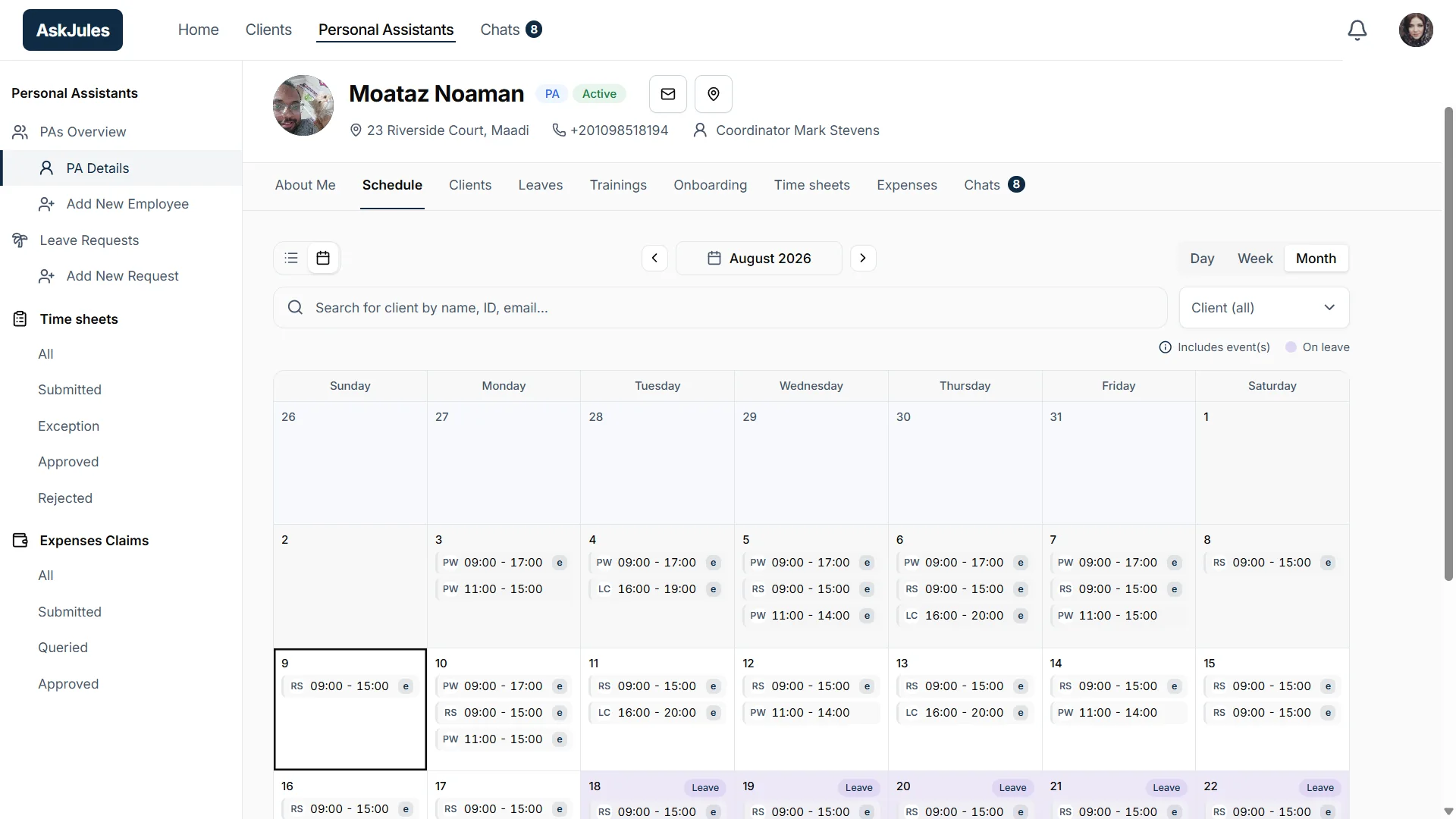 Personal assistant schedule with leave overlaid