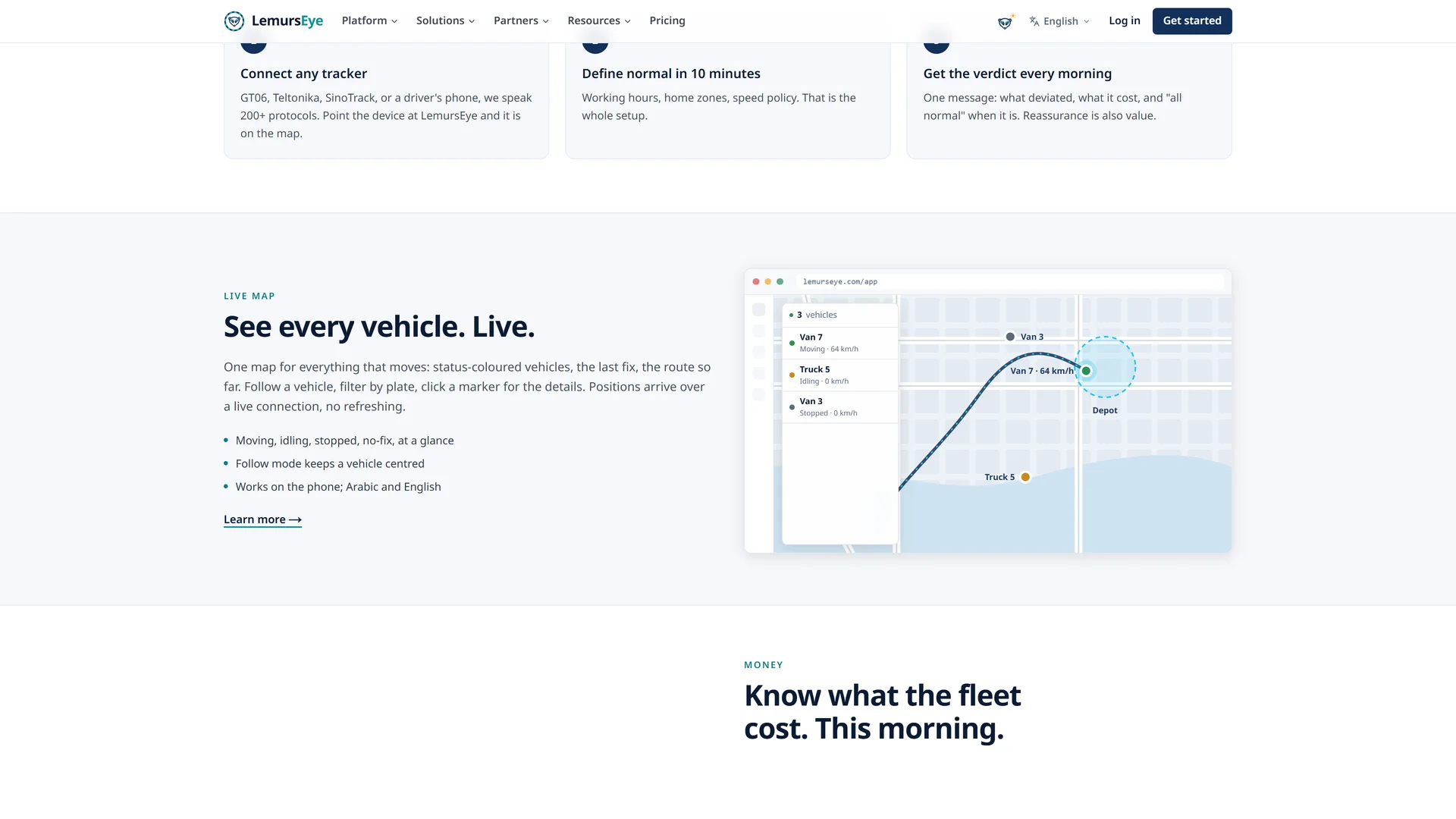 Live console: every vehicle on one map, status-coloured, pushed over a live connection